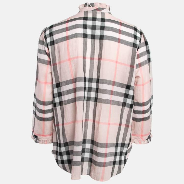 Pre Owned Burberry Pink Plaid Cotton Puff Sleeves Ruffled Button Front Top S