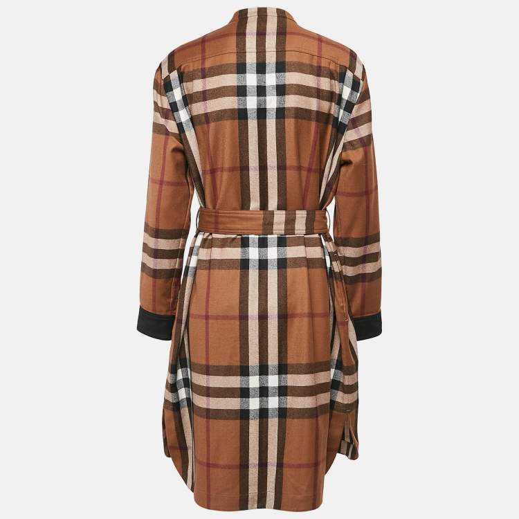 Pre Owned Burberry Brown Plaid Wool Belted Shirt Dress M