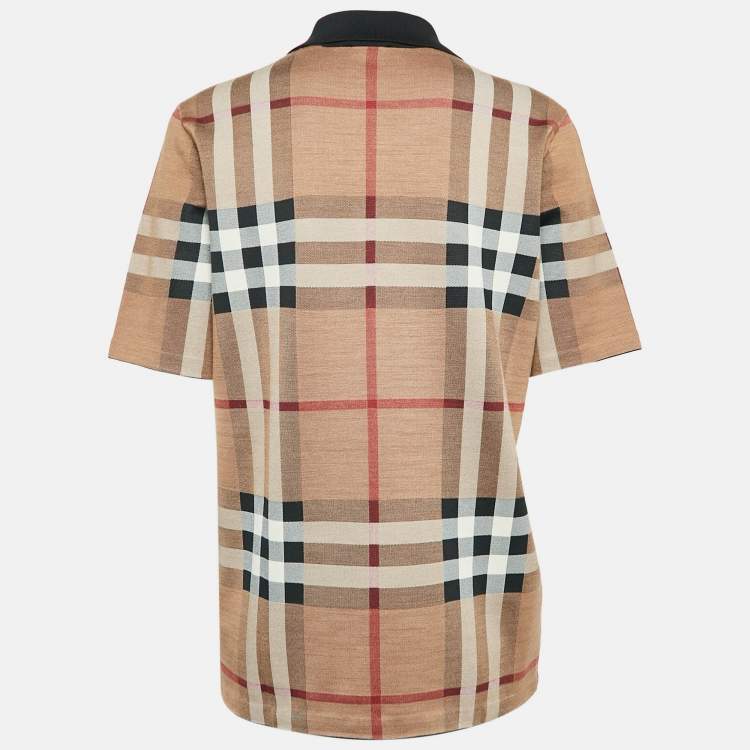 Pre Owned Burberry Beige Plaid Jersey Short Sleeve Polo T-Shirt XS