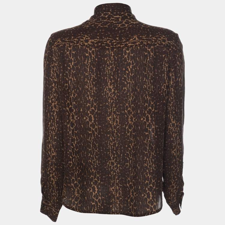 Pre Owned Burberry Brown Animal Print Silk Ruffle Detail Button Front Top M