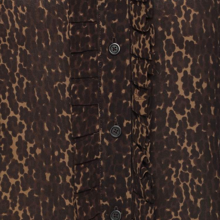 Pre Owned Burberry Brown Animal Print Silk Ruffle Detail Button Front Top M