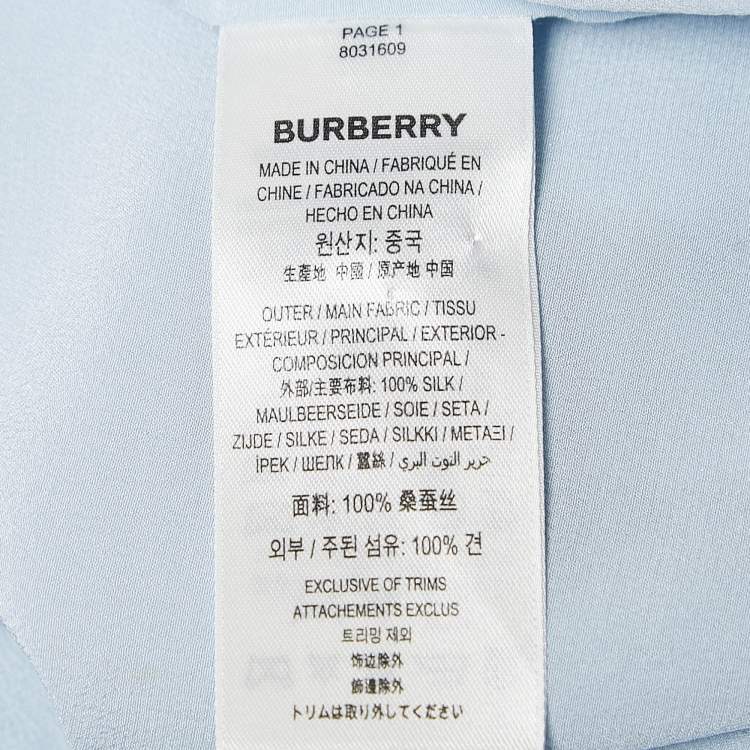Pre Owned Burberry Light Blue Logo Print Silk Tie-Up Cuff Shirt S