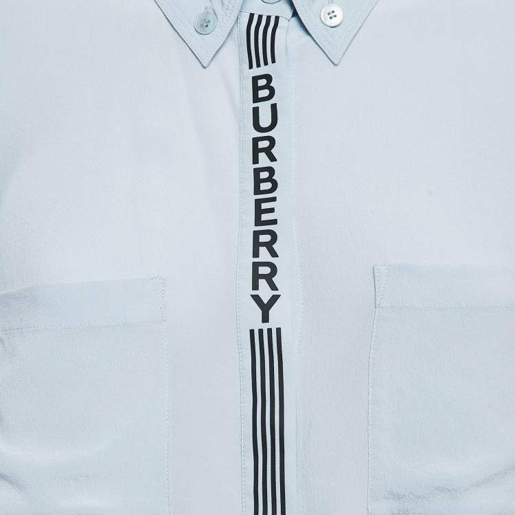 Pre Owned Burberry Light Blue Logo Print Silk Tie-Up Cuff Shirt S