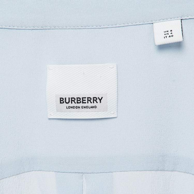Pre Owned Burberry Light Blue Logo Print Silk Tie-Up Cuff Shirt S