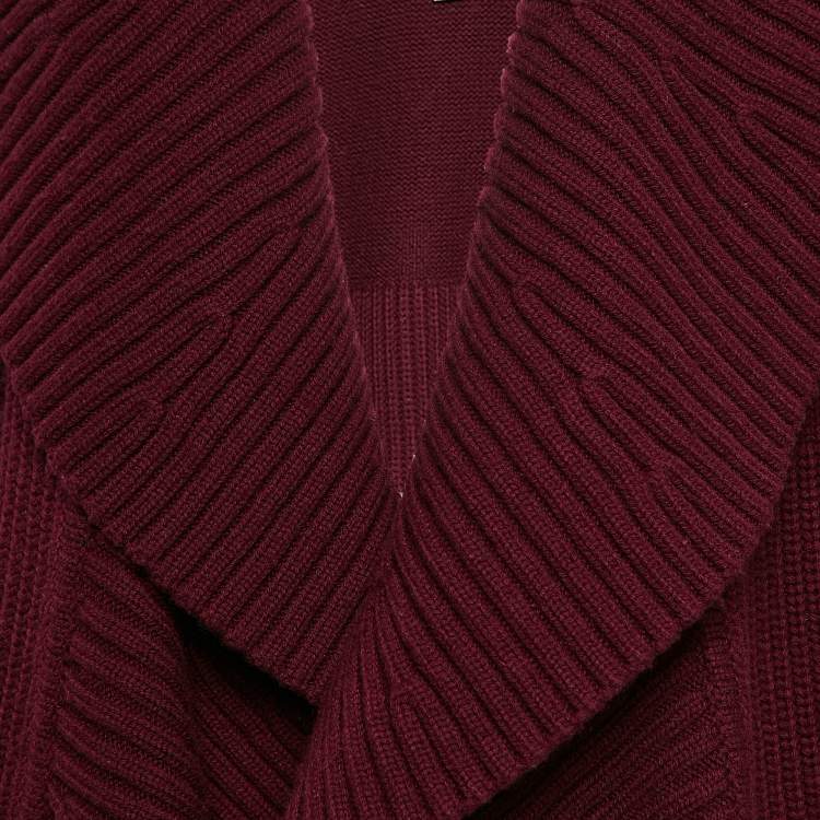 Pre Owned Burberry Burgundy Rib Knit Shawl Collar Cardigan XL