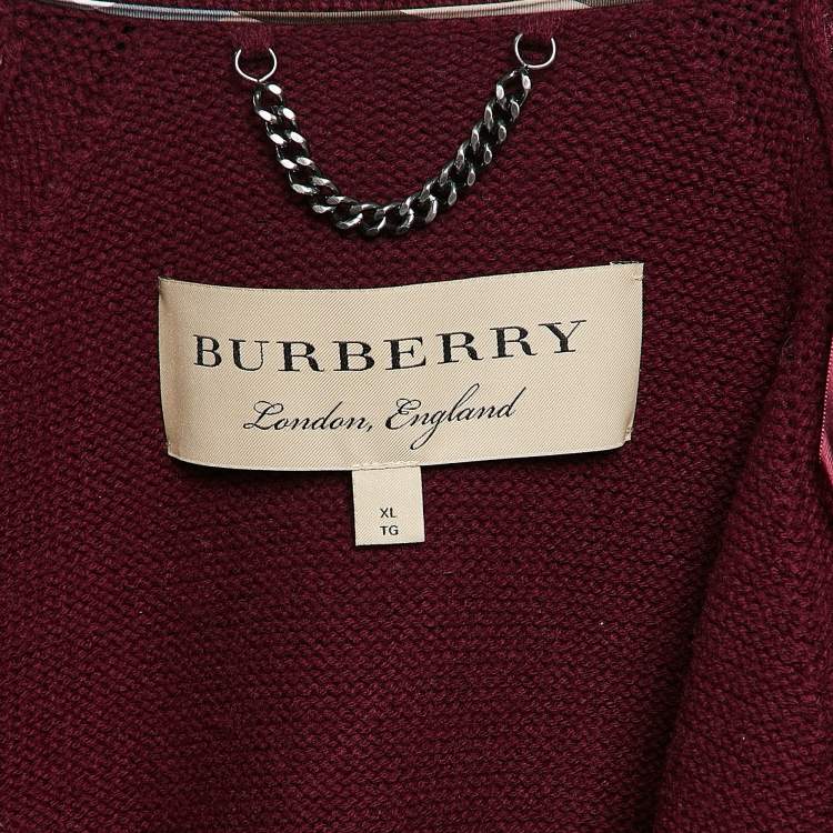 Pre Owned Burberry Burgundy Rib Knit Shawl Collar Cardigan XL