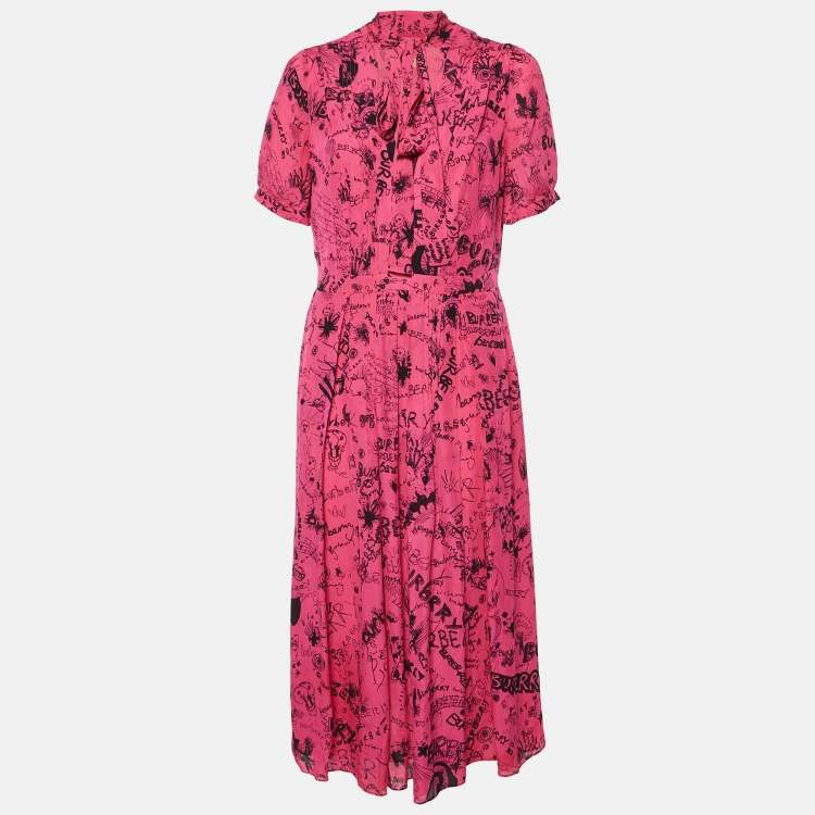 Pre Owned Burberry Pink Antonina Doodle Print Silk Pleated Midi Dress M