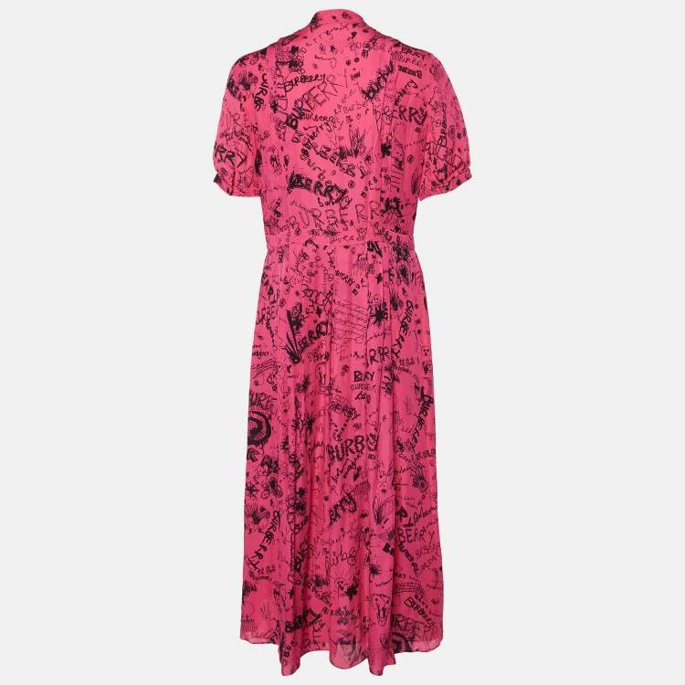 Pre Owned Burberry Pink Antonina Doodle Print Silk Pleated Midi Dress M