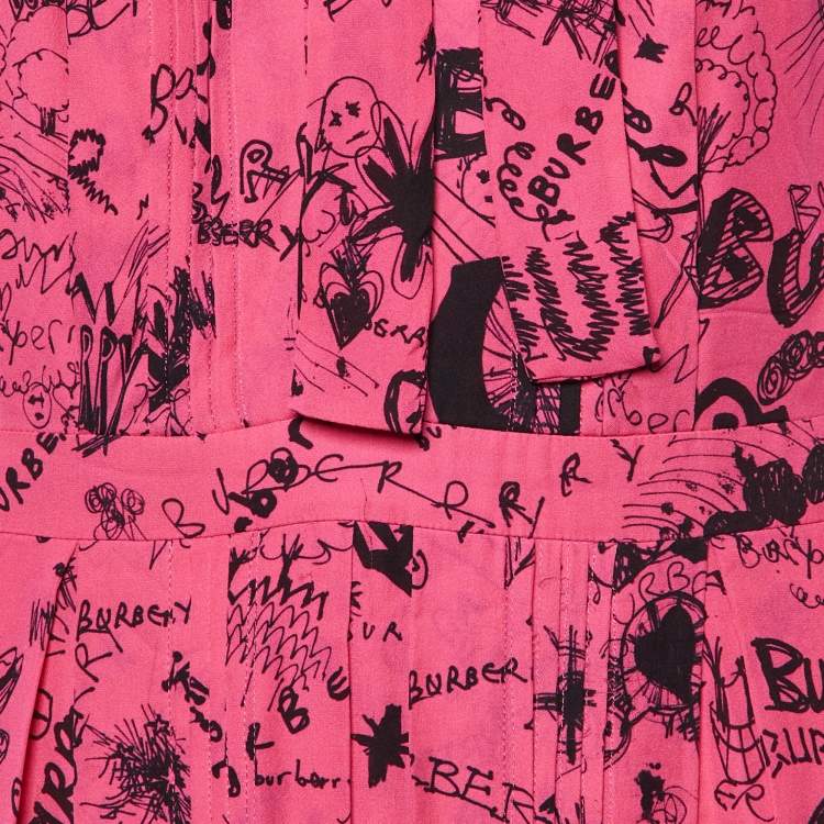 Pre Owned Burberry Pink Antonina Doodle Print Silk Pleated Midi Dress M