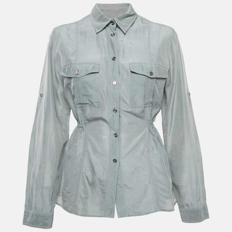 Pre Owned Burberry Grey Cotton Blend Pleated Shirt L