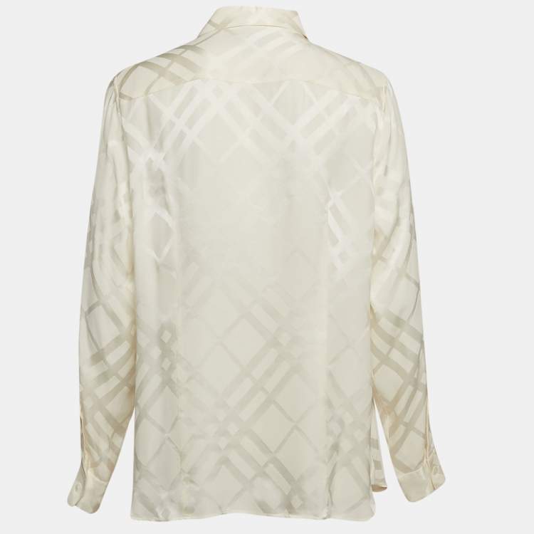 Pre Owned Burberry Cream Checks Pattern Satin Silk Long Sleeve Shirt L