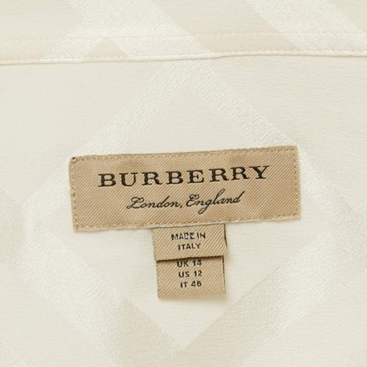 Pre Owned Burberry Cream Checks Pattern Satin Silk Long Sleeve Shirt L