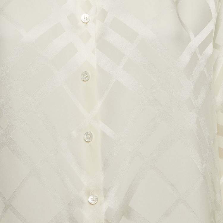 Pre Owned Burberry Cream Checks Pattern Satin Silk Long Sleeve Shirt L