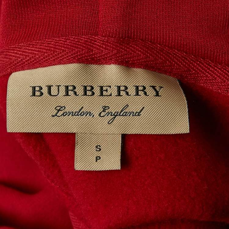 Pre Owned Burberry Red Krayford Embroidered Cotton Knit Hoodie S
