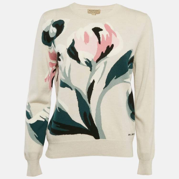 Pre Owned Burberry Grey Floral Intarsia Merino Wool Crew Neck Sweater L