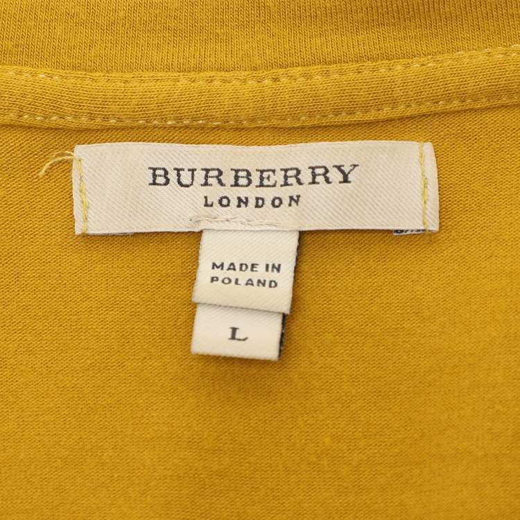 Pre Owned Burberry Yellow Cotton Blend Shoulder Patch V-Neck T-Shirt L