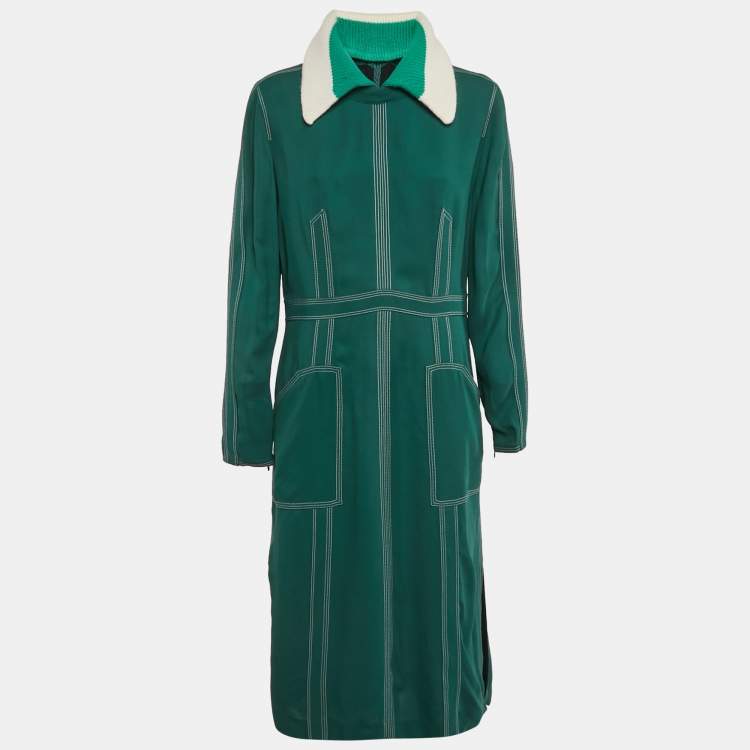 Pre Owned Burberry Green Crepe Detachable Knit Collar Midi Dress L