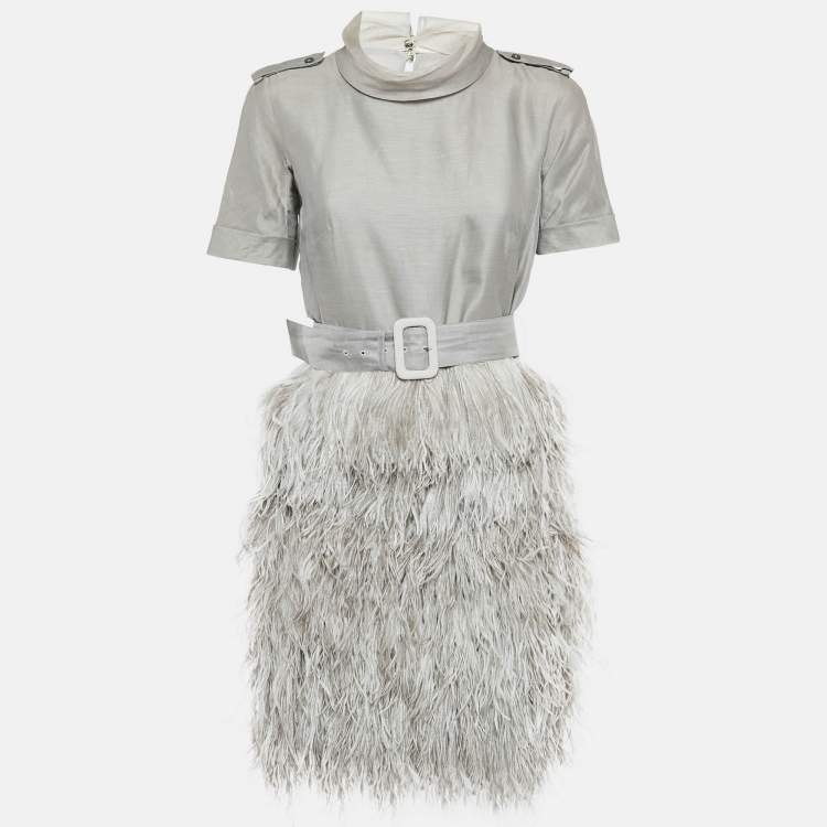 Pre Owned Burberry Grey Cotton Blend Ostrich Feather Fringed Short Dress S