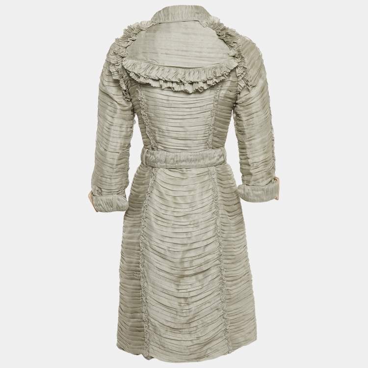 مملوكة مسبقًا Burberry Grey Silk Blend Ruffle Detail Belted Coat S