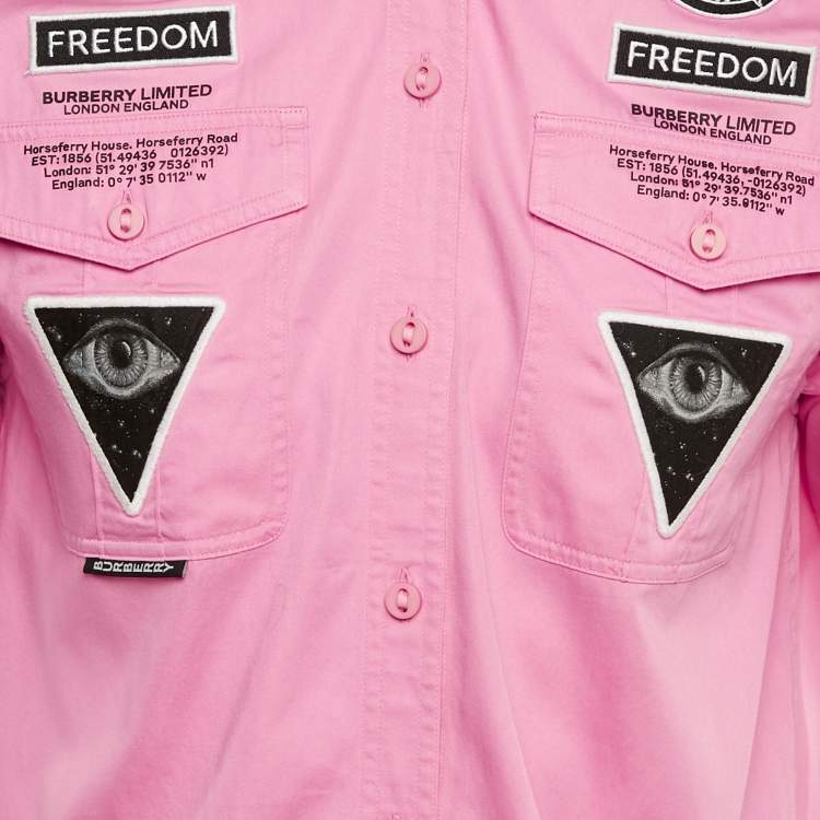 Pre Owned Burberry Pink Applique Cotton Short Sleeve Shirt S
