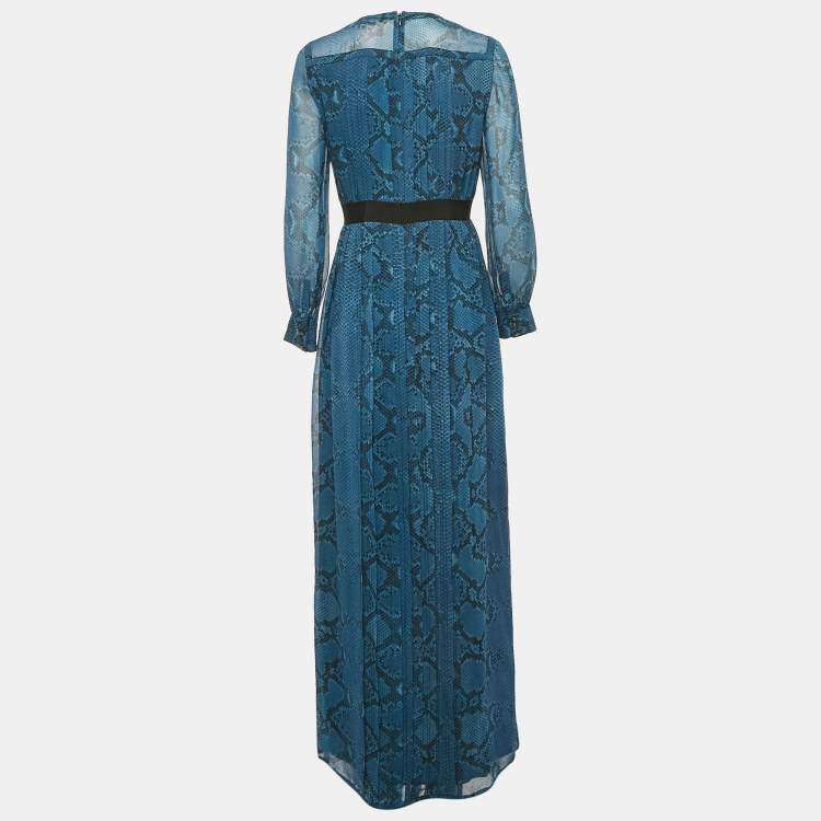 Pre Owned Burberry Blue Snake Print Silk Pleated Maxi Dress S