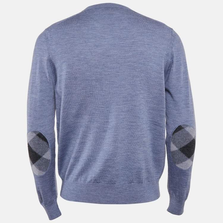 Pre Owned Burberry Blue Merino Wool Knit Elbow Patch Sweater XL