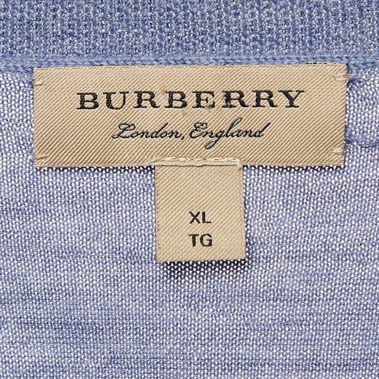 Pre Owned Burberry Blue Merino Wool Knit Elbow Patch Sweater XL