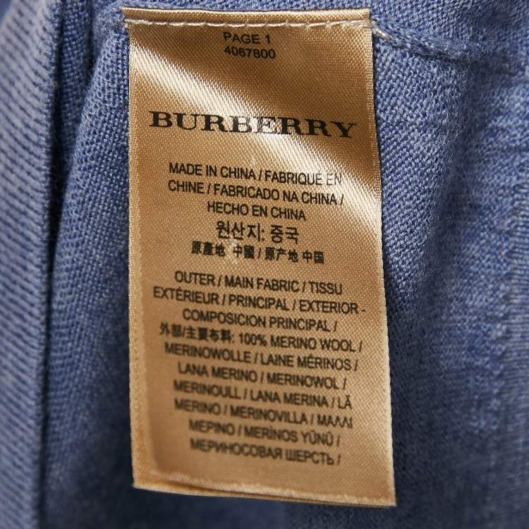 Pre Owned Burberry Blue Merino Wool Knit Elbow Patch Sweater XL