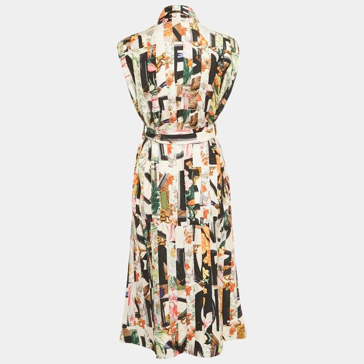 Pre Owned Burberry Multicolor Printed Silk Button Front Belted Long Dress XXS