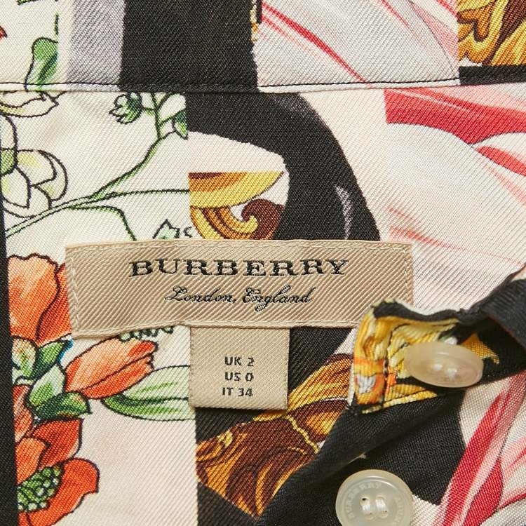 Pre Owned Burberry Multicolor Printed Silk Button Front Belted Long Dress XXS