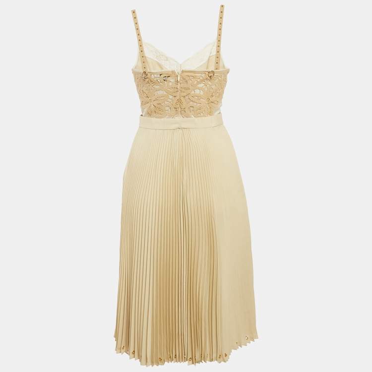 Pre Owned Burberry Beige Lace and Crepe Pleated Stud Detail Short Slip Dress S