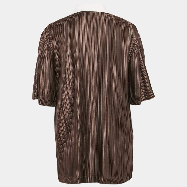 Pre Owned Burberry Brown Printed Plisse Polo Collar Top XS
