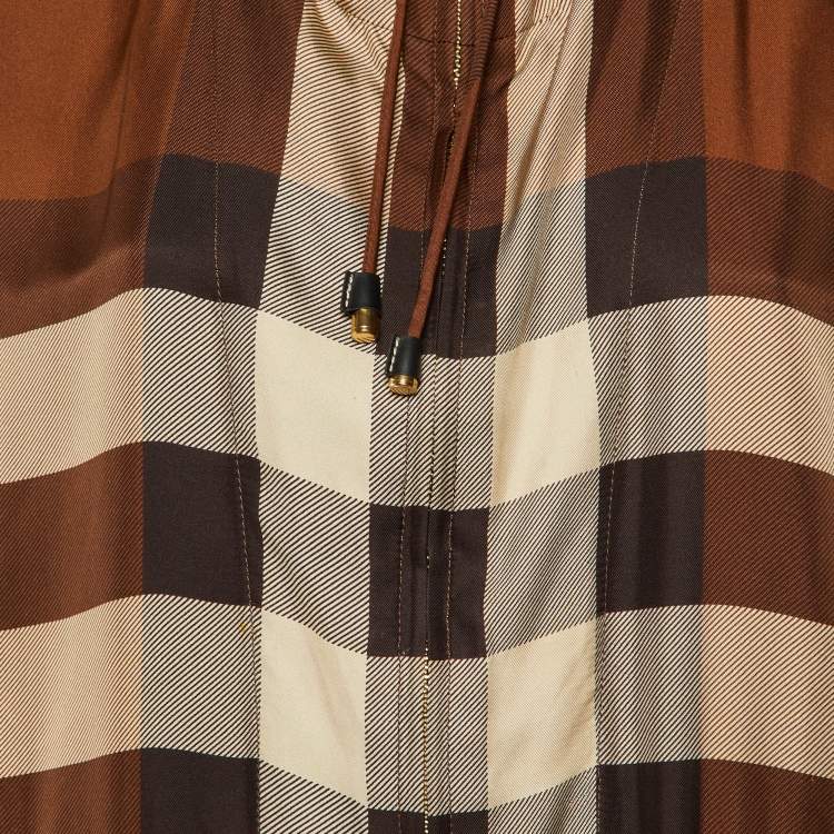 Pre Owned Burberry Brown Check Print Silk Zip Up Hooded Jacket M
