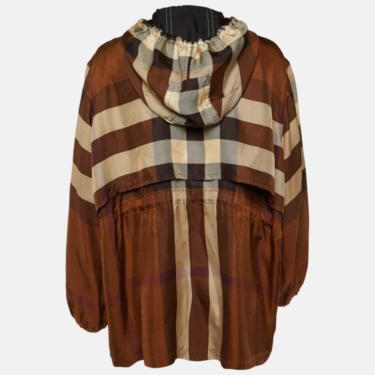 Pre Owned Burberry Brown Check Print Silk Zip Up Hooded Jacket M