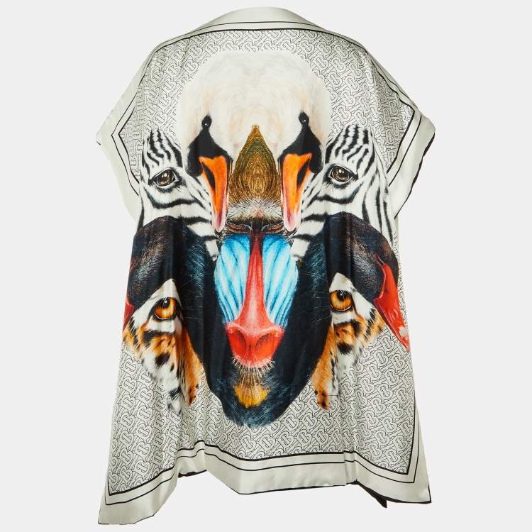 Pre Owned Burberry White Animal Print Silk Padded Cape One Size