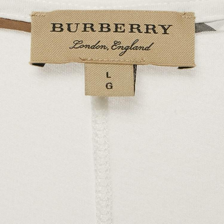 Pre Owned Burberry White Logo Embroidered Cotton V-Neck T-Shirt L