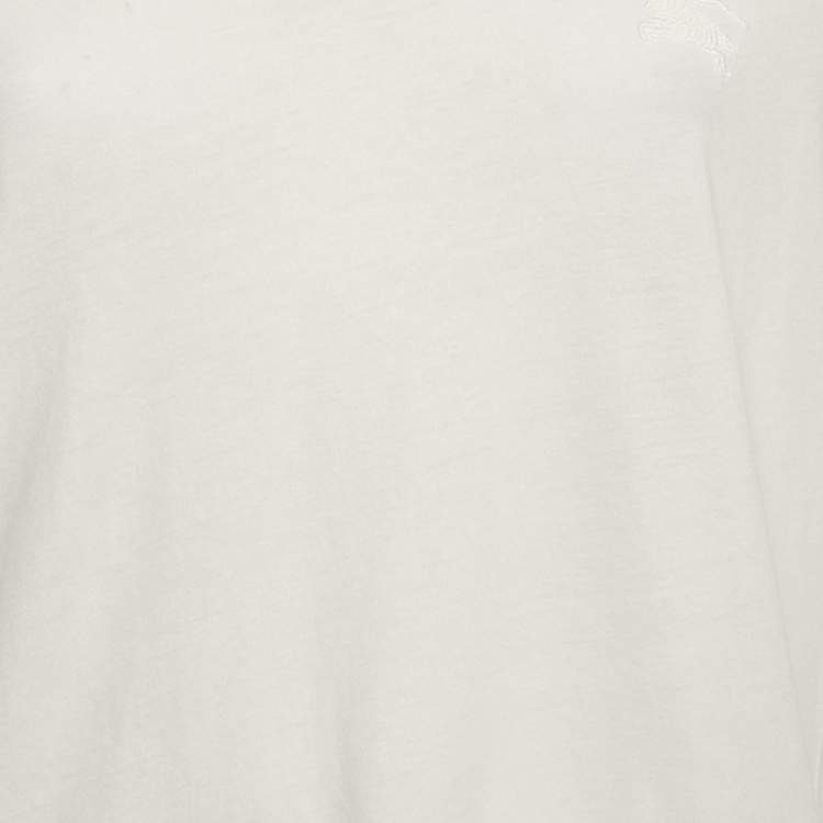 Pre Owned Burberry White Logo Embroidered Cotton V-Neck T-Shirt L