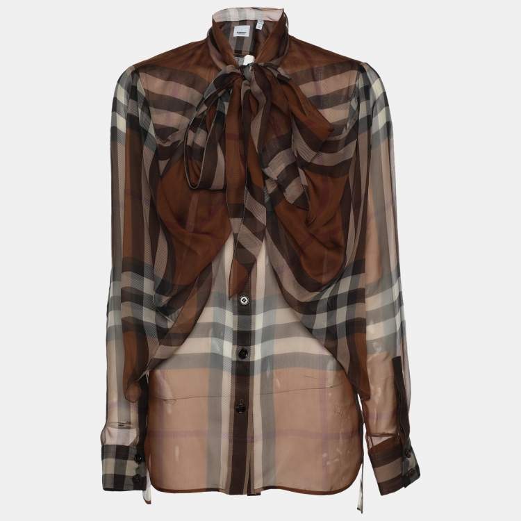 Pre Owned Burberry Brown Check Silk Button Front Blouse XS