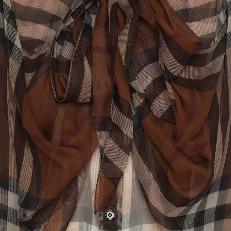 Pre Owned Burberry Brown Check Silk Button Front Blouse XS
