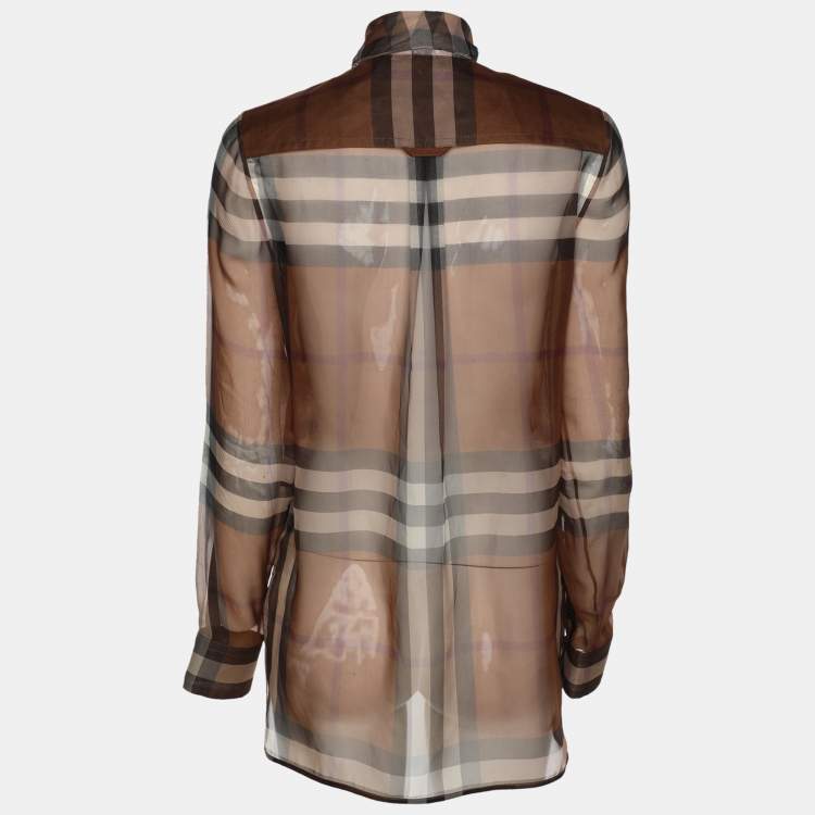 Pre Owned Burberry Brown Check Silk Button Front Blouse XS