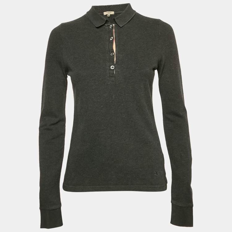 Pre Owned Burberry Grey Cotton Long Sleeve Polo T-Shirt S