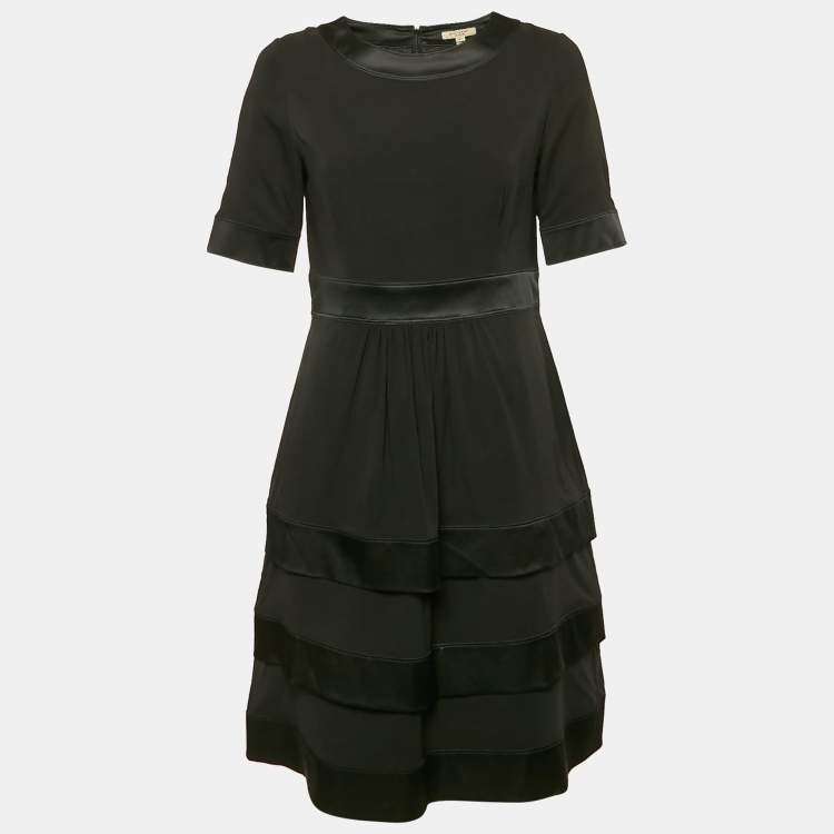 Pre Owned Burberry Black Satin Trim Silk Tiered Mini Dress S
