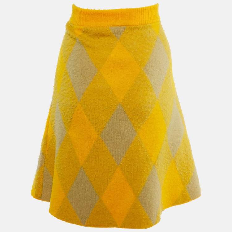 Pre Owned Burberry Yellow Wool Check Plaid Midi Skirt M