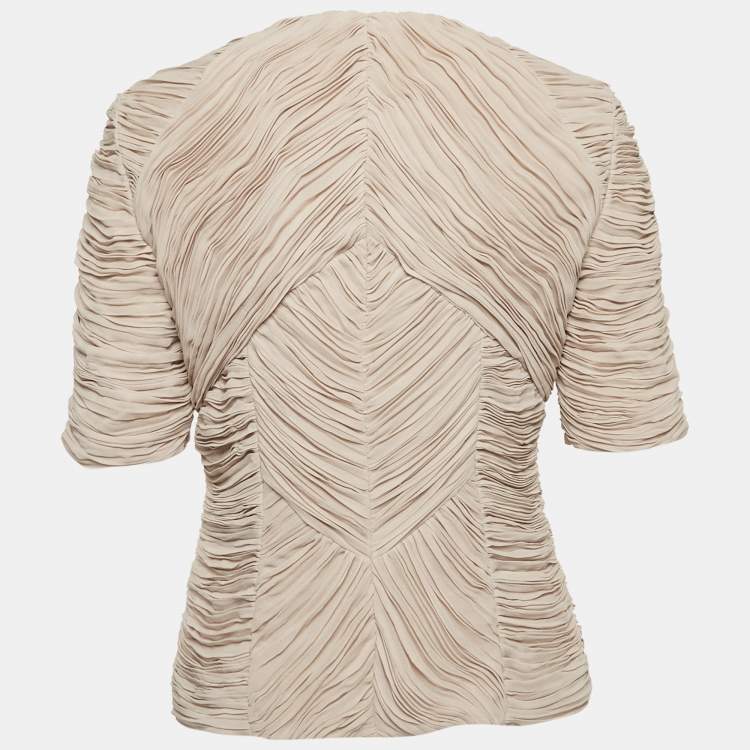 Pre Owned Burberry Beige Chiffon Plisse Short Sleeve Top M