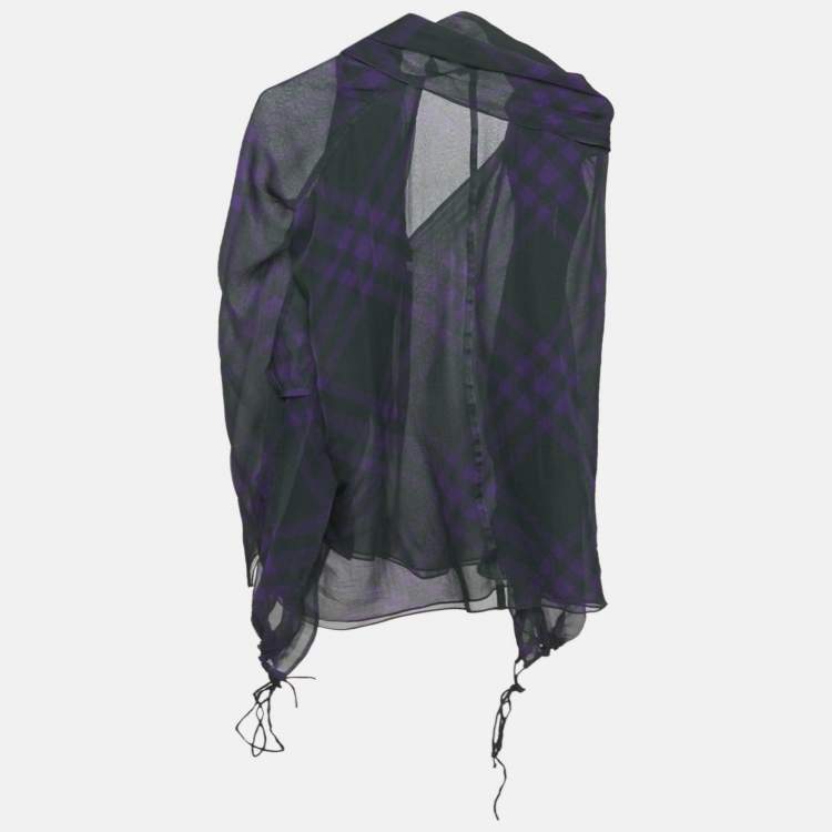 Pre Owned Burberry Dark Green/Purple Tartan Print Silk Long Sleeve Blouse S 