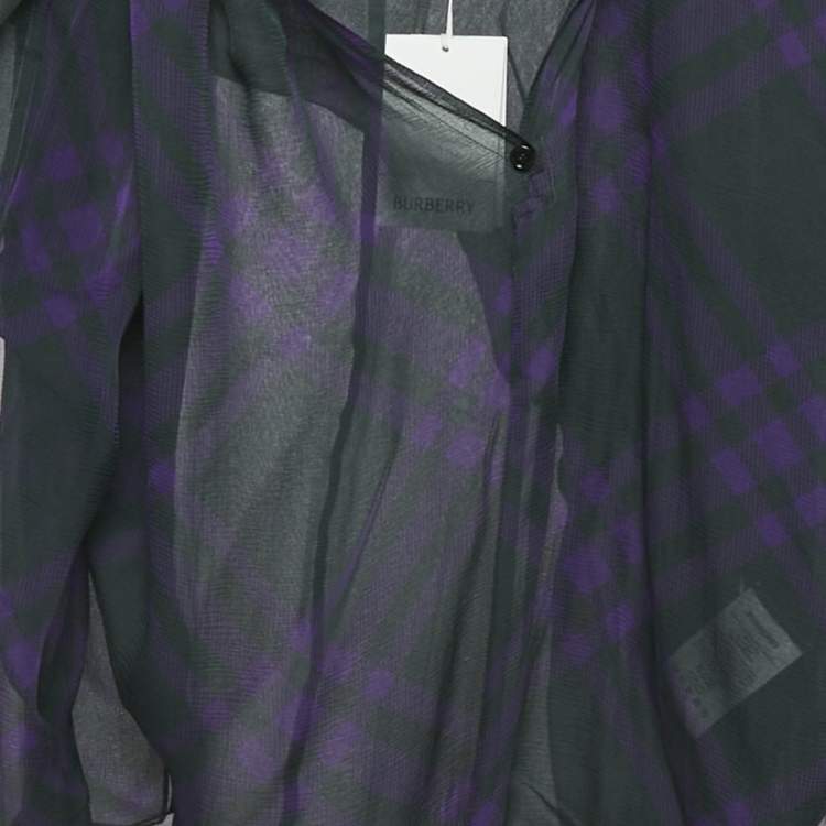 Pre Owned Burberry Dark Green/Purple Tartan Print Silk Long Sleeve Blouse S 
