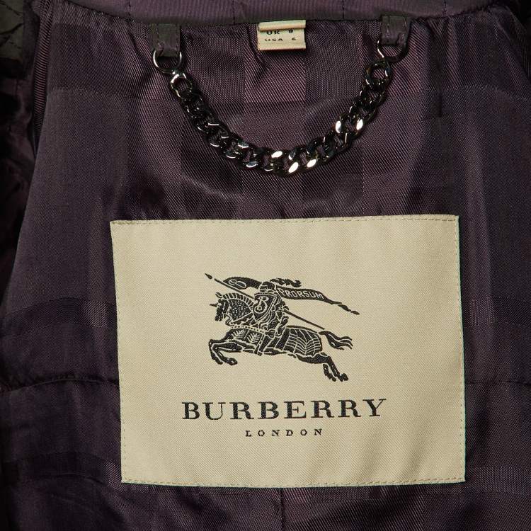 Pre Owned Burberry Purple Synthetic Quilted Zip Froont Belted Jacket S