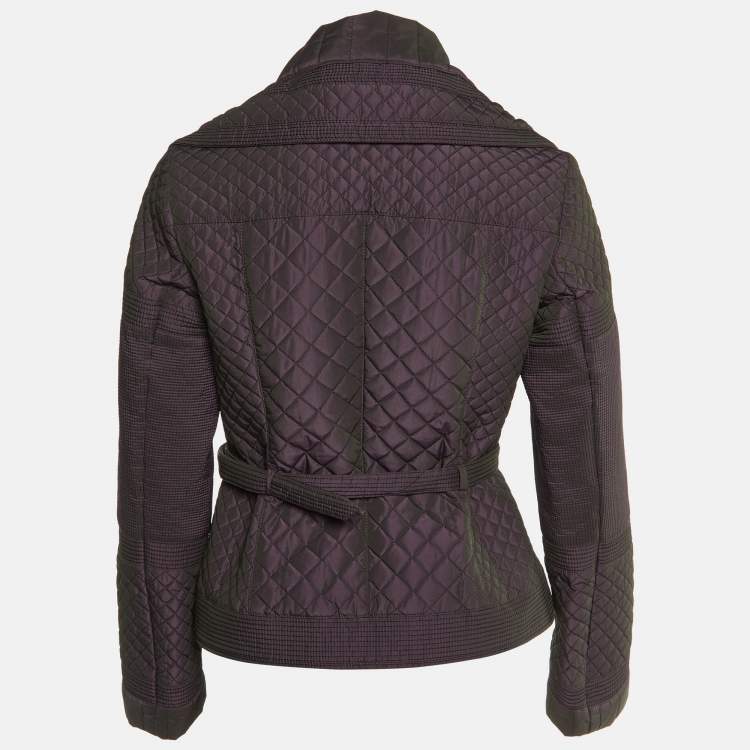 Pre Owned Burberry Purple Synthetic Quilted Zip Froont Belted Jacket S