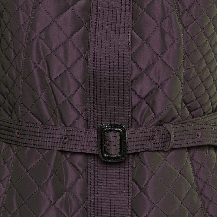 Pre Owned Burberry Purple Synthetic Quilted Zip Froont Belted Jacket S