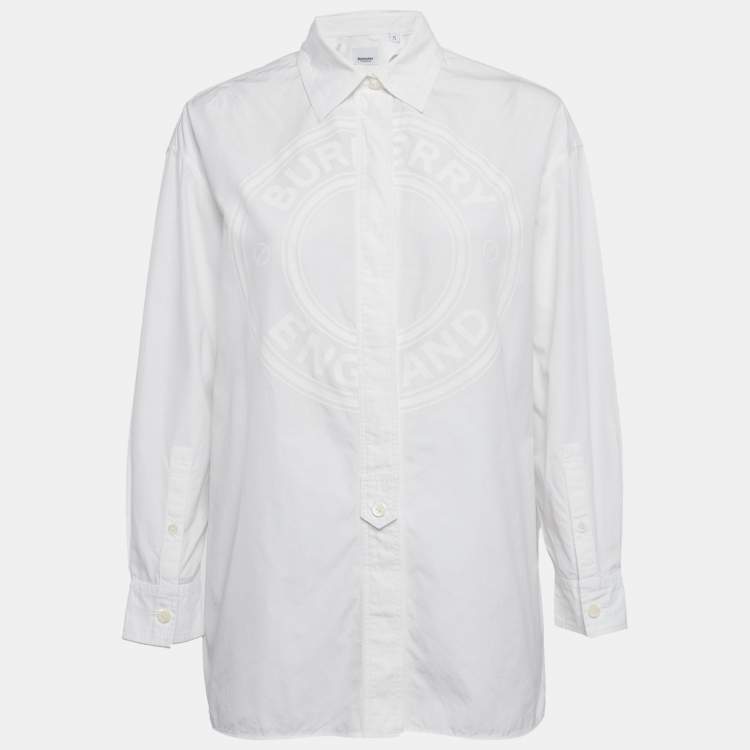 Pre Owned Burberry White Logo Print Cotton Oversized Shirt XS